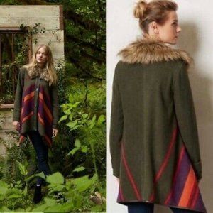 Anthropologie CARTONNIER Green Chevron Sweep Poncho Oversized Faux Fur Coat